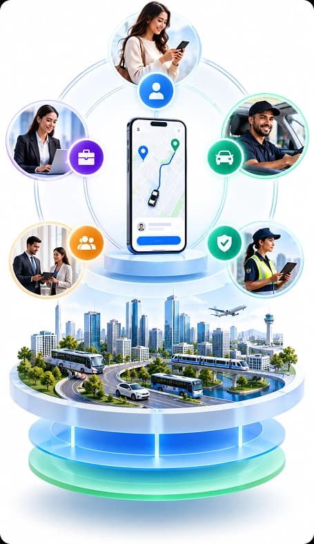 Riders, drivers and partners connected around a mobility app, above a connected city