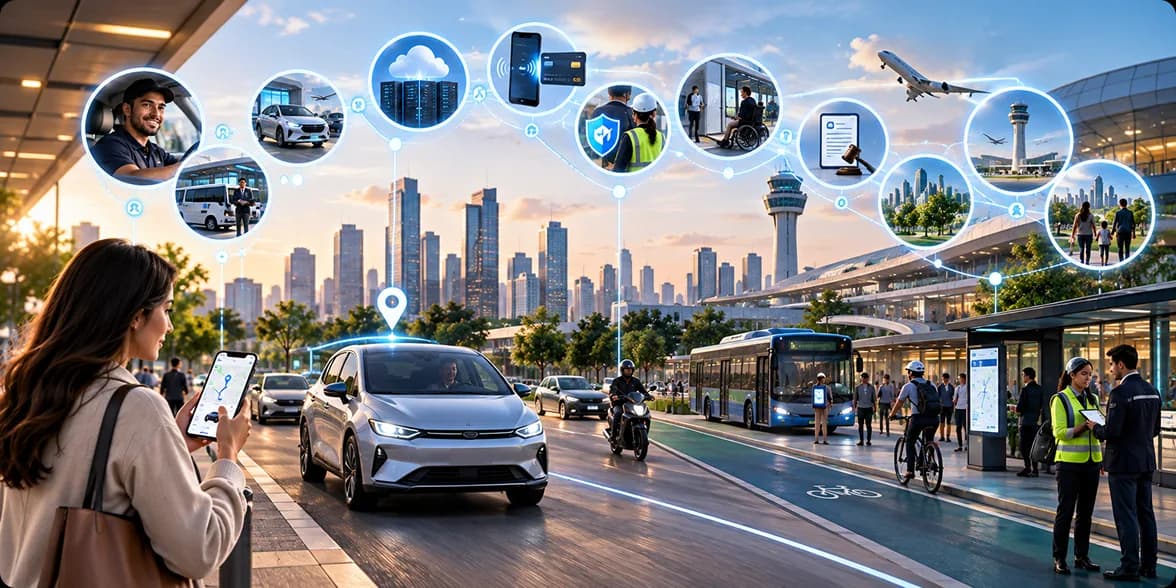 Rider using a mobility app alongside connected transportation and airport services